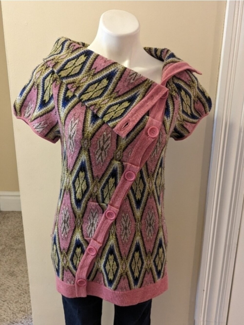 Anthropologie Moth Multicolor Knit Sweater with Pink Trim